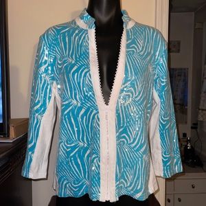 berek White and Turquoise Zebra Print Sequin Jacket